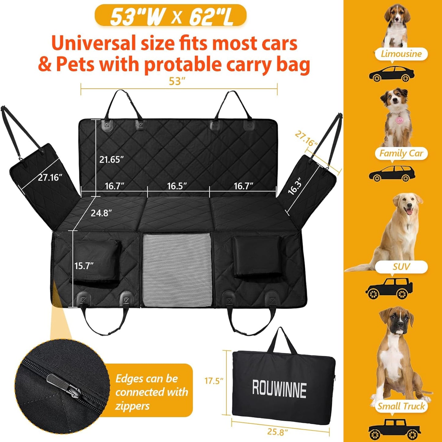 Back Seat Extender for Dogs - Spacious Car Seat Cover with Rigid Base, Durable Hammock Design Supporting Up to 181Kg, Easy Installation for Cars, Trucks, and SUVs - Black