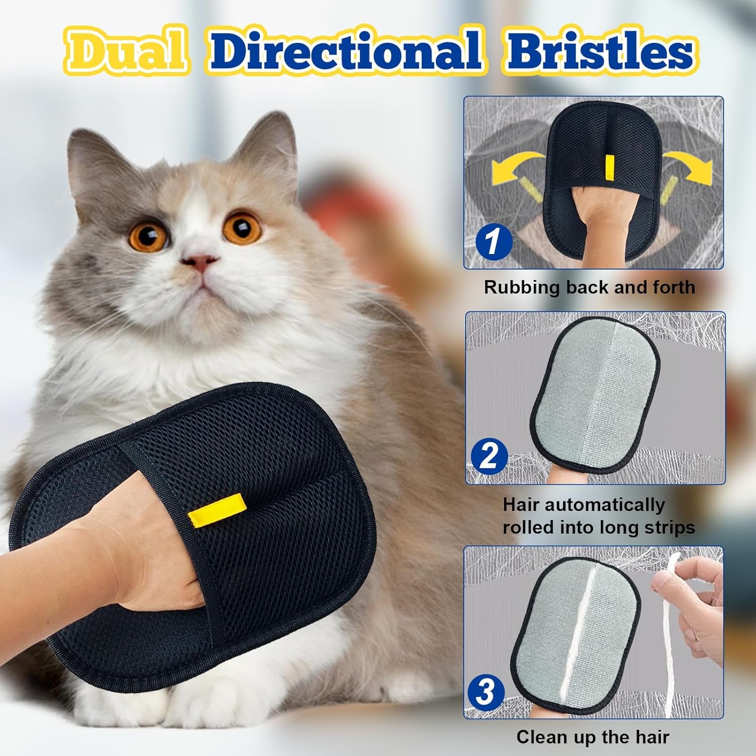 Dual-Sided Pet Hair Removal Gloves, Static-Reducing Grooming Gloves for Cats and Dogs, Reusable Deshedding Solution for Furniture, Bedding, Carpets, Clothing, and Upholstery (2-Pack)