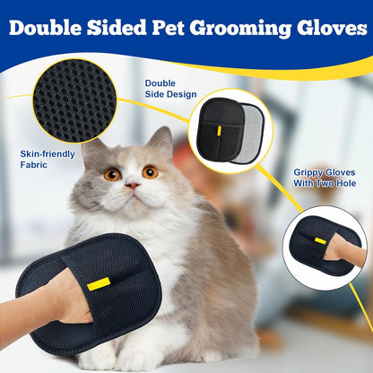 Dual-Sided Pet Hair Removal Gloves, Static-Reducing Grooming Gloves for Cats and Dogs, Reusable Deshedding Solution for Furniture, Bedding, Carpets, Clothing, and Upholstery (2-Pack)